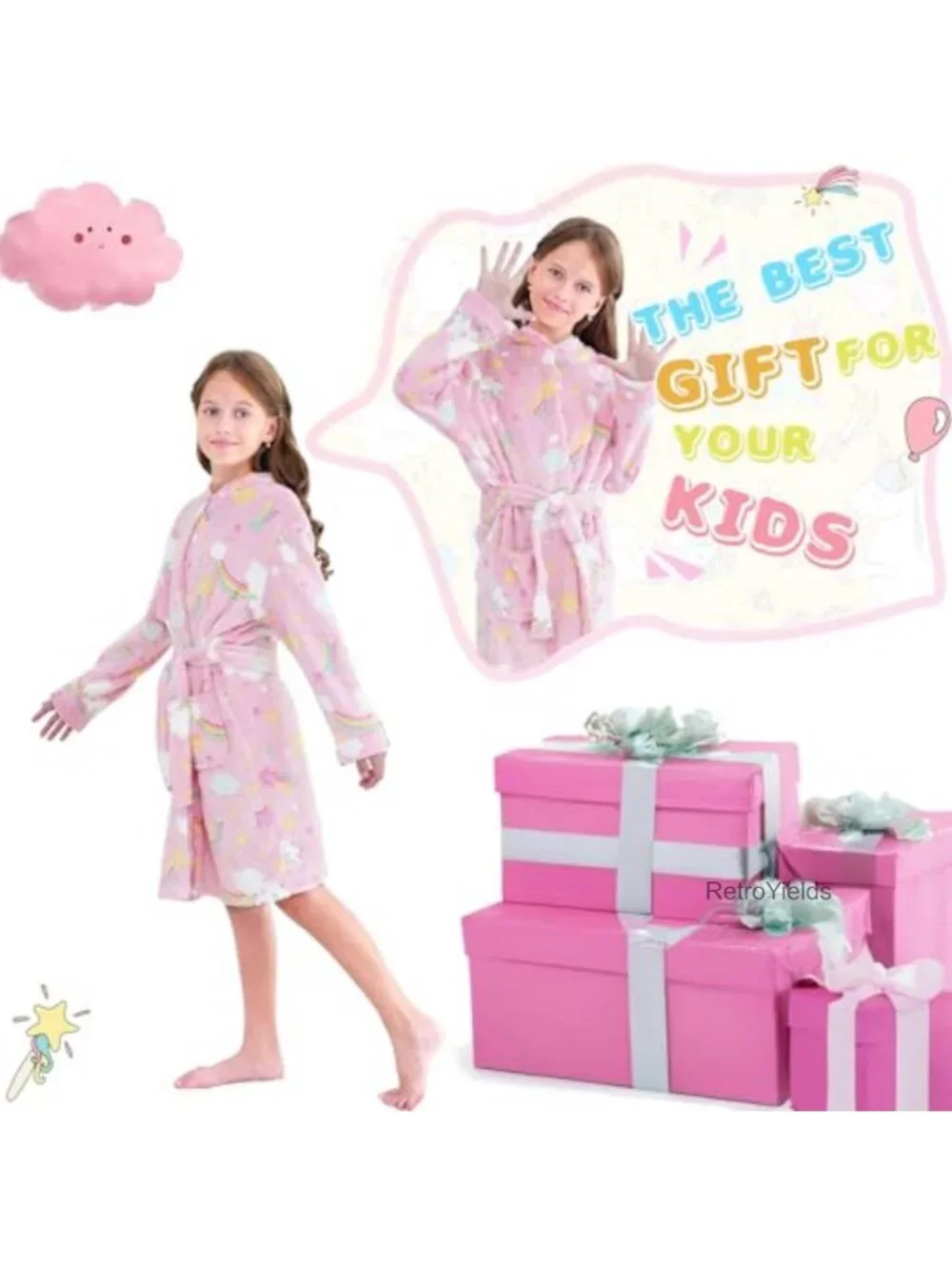 Girls Glow in Dark Unicorn Robe Ultra-Soft Hooded Bathrobe Flannel Ages 5-10